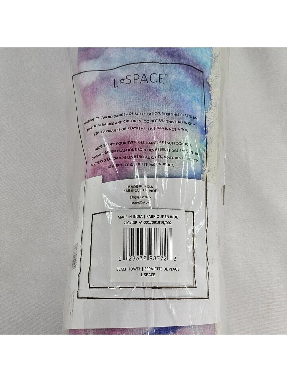 L Space Beach Towel Tie Dye Purple Blue Pink Cotton Fringe 68x30 NEW